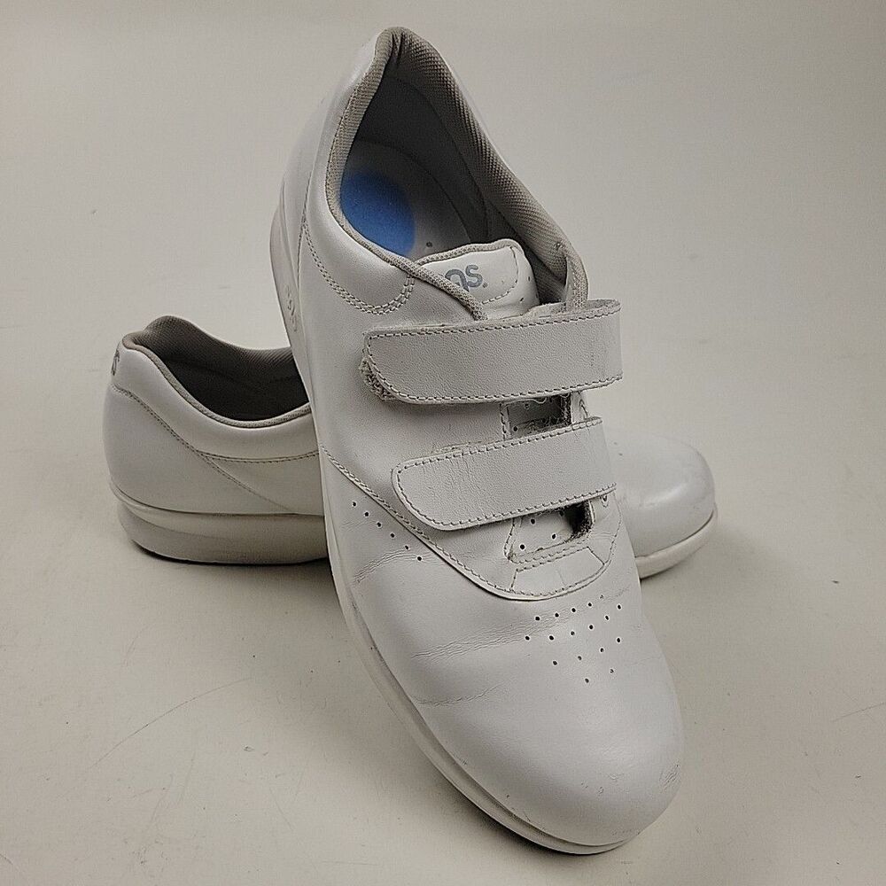 SAS Me Too EZ Strap Walking Shoes / White Leather / Gel Insoles Sz 10 Slim